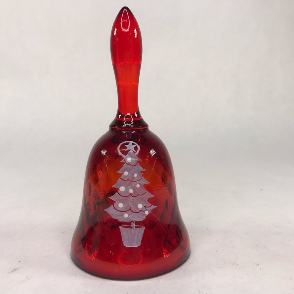 Fenton Hand Painted Red Tree Christmas Bell Signed L Watson